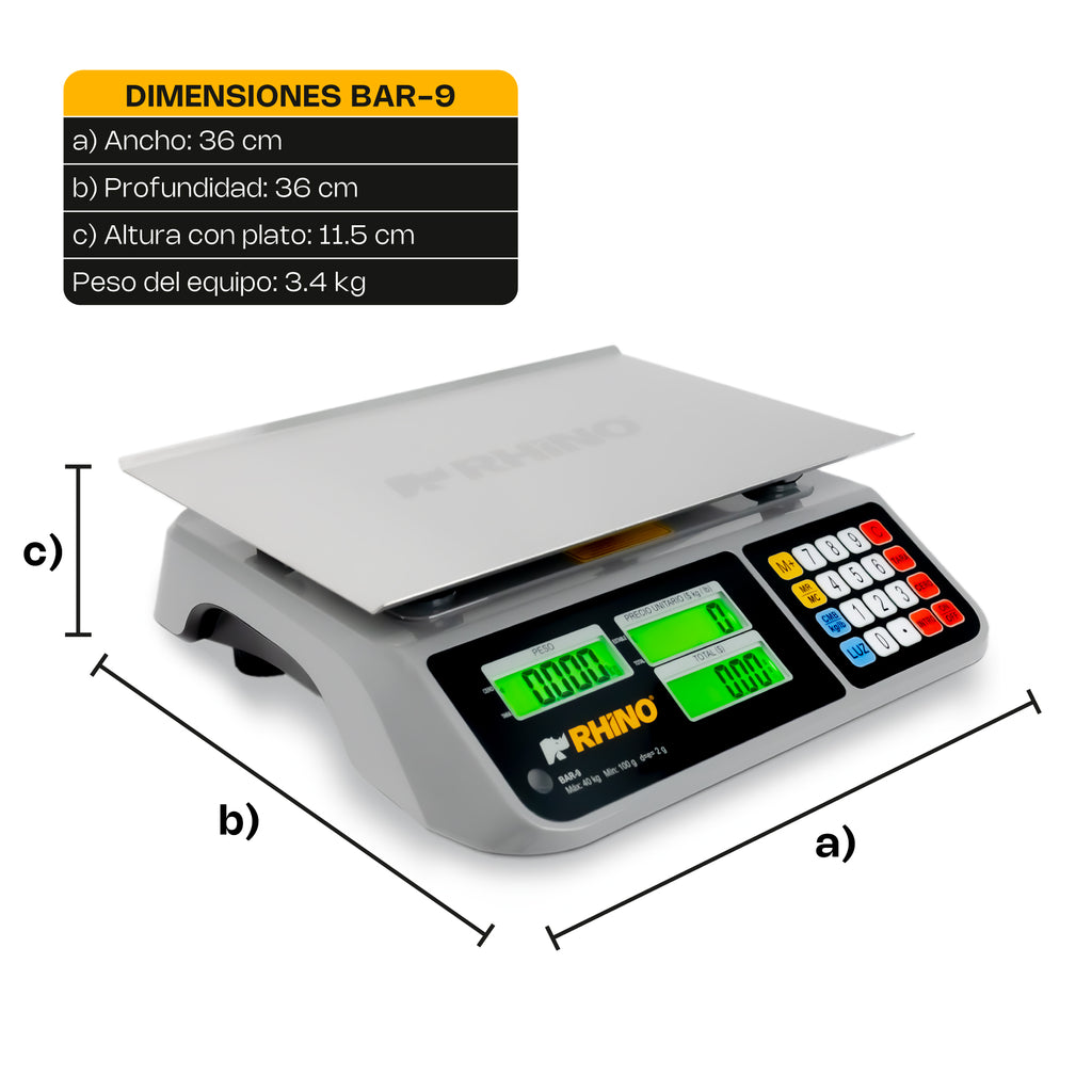 Báscula Electrónica Multifunciones 40 kg con Puerto USB BAR-9 Rhino
