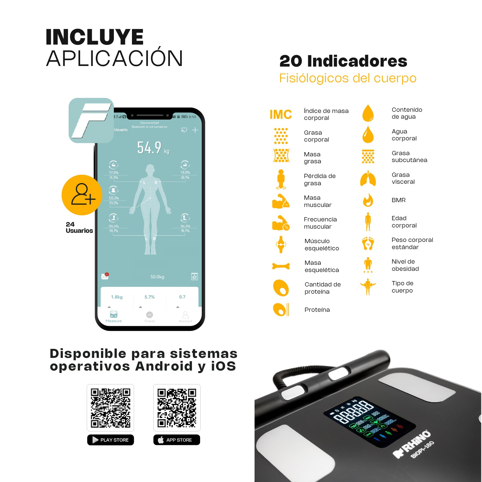 Báscula Inteligente de Pesaje Corporal con 8 Electrodos Rhino